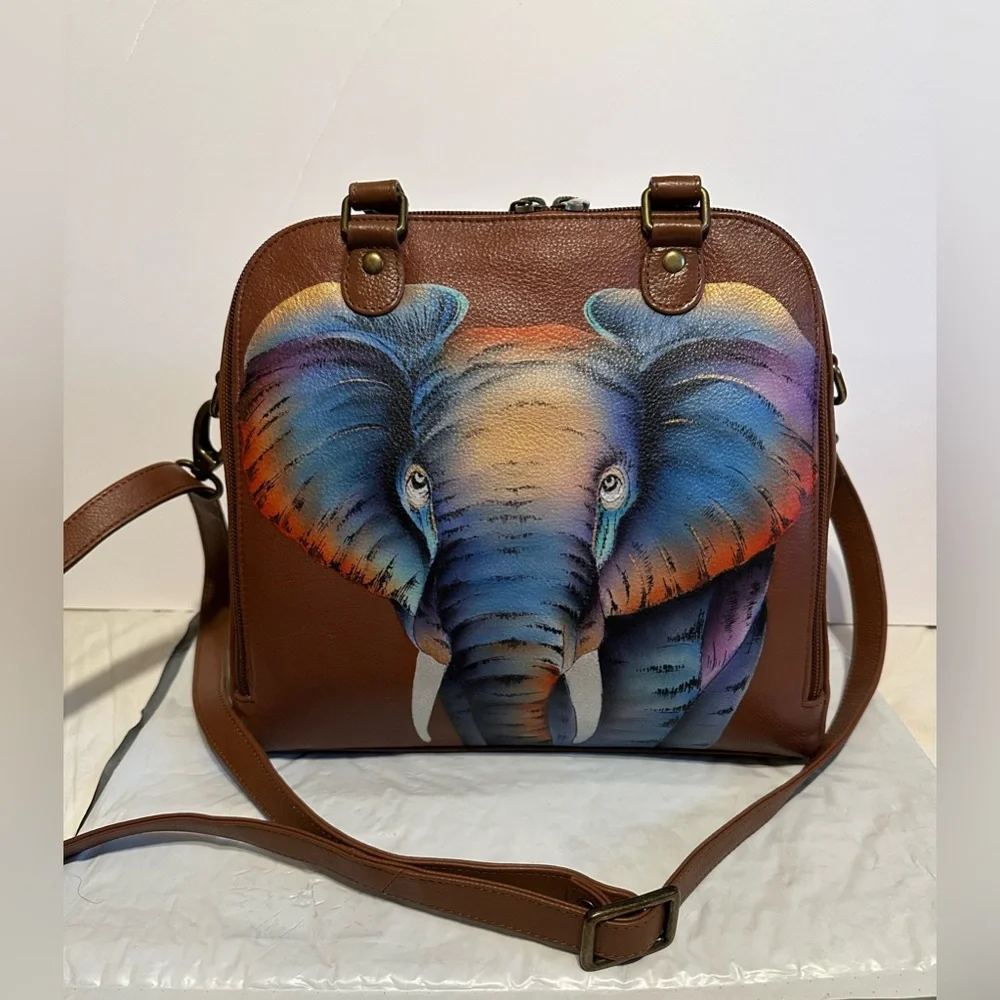 NWT Anuschka Hand Painted Leather Satchel Crossbody Handbag Elephant